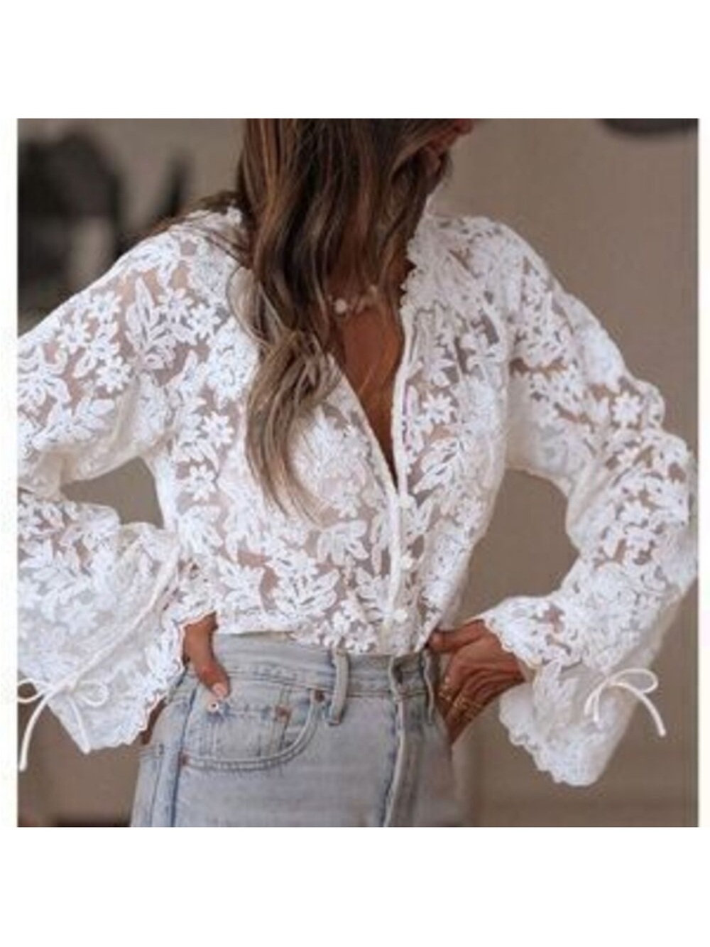 Guipure Lace on Mesh White V-Neck Floral Pattern Button Down Shirt Sheer